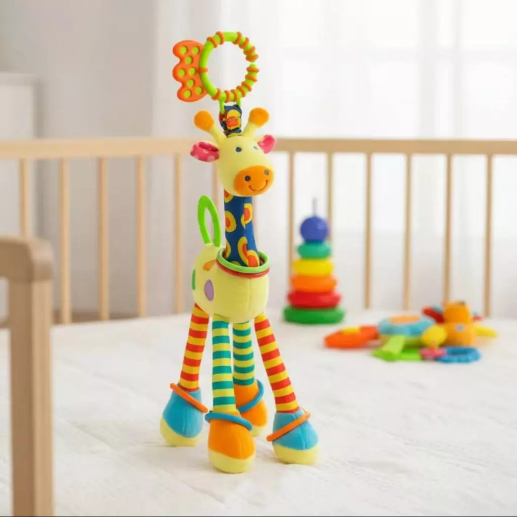 Large Colorful Giraffe Mobile with Teether, Rattle and Spiral Blanket for Babies - Ideal for Stroller and Crib