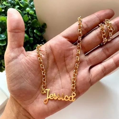 Women's Necklace with Personalized Name, 18k Gold Plated, Portuguese Link Chain image 2