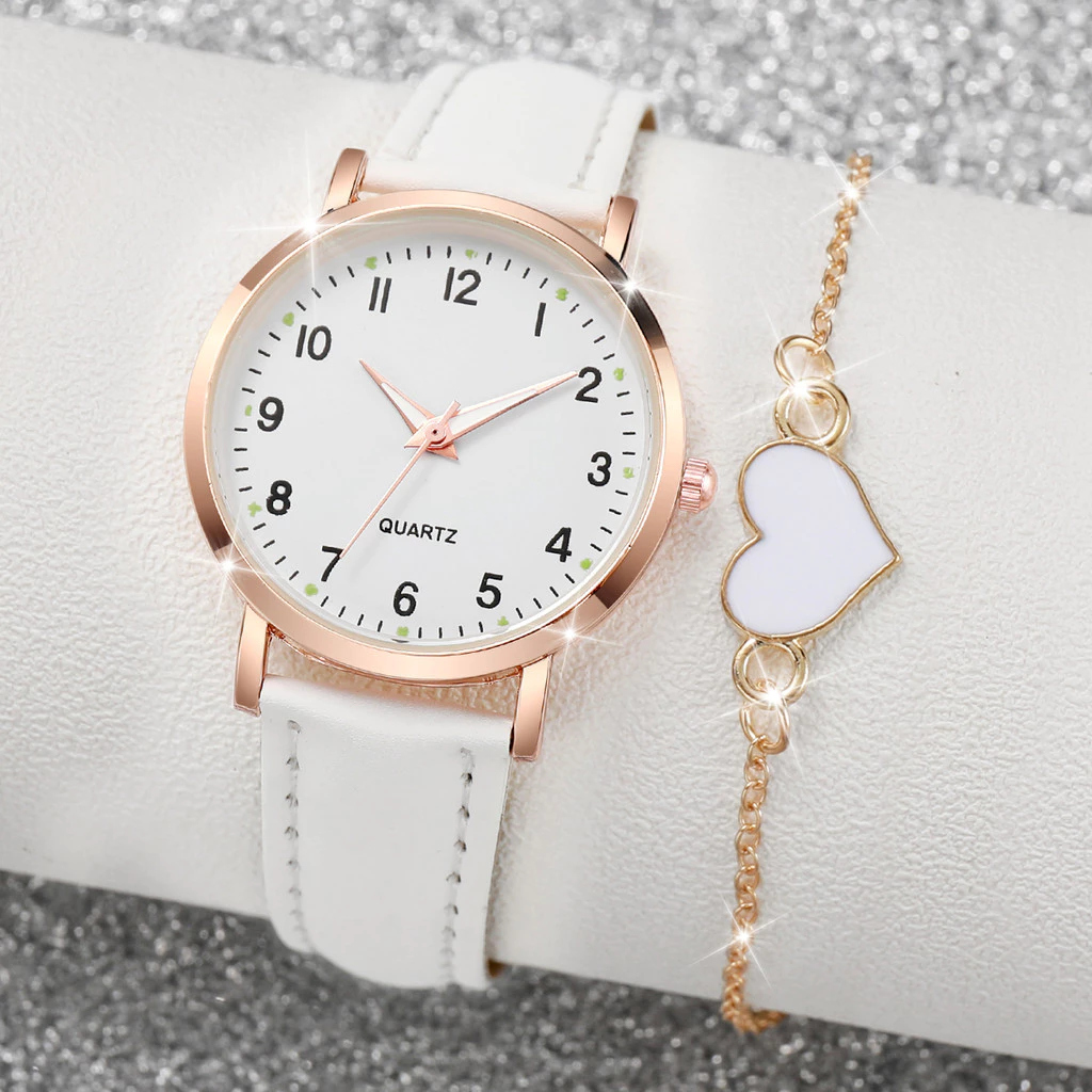 Elegant Women's Watch and Heart Bracelet Set with 2 Pieces - Quartz Arabic Dial Leather image 3