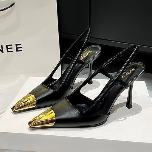 2025 Autumn New Style Metal Toe Back Empty Sandals Women Black Single Shoes Stiletto Shallow Mouth Toe-Covered sal image 5