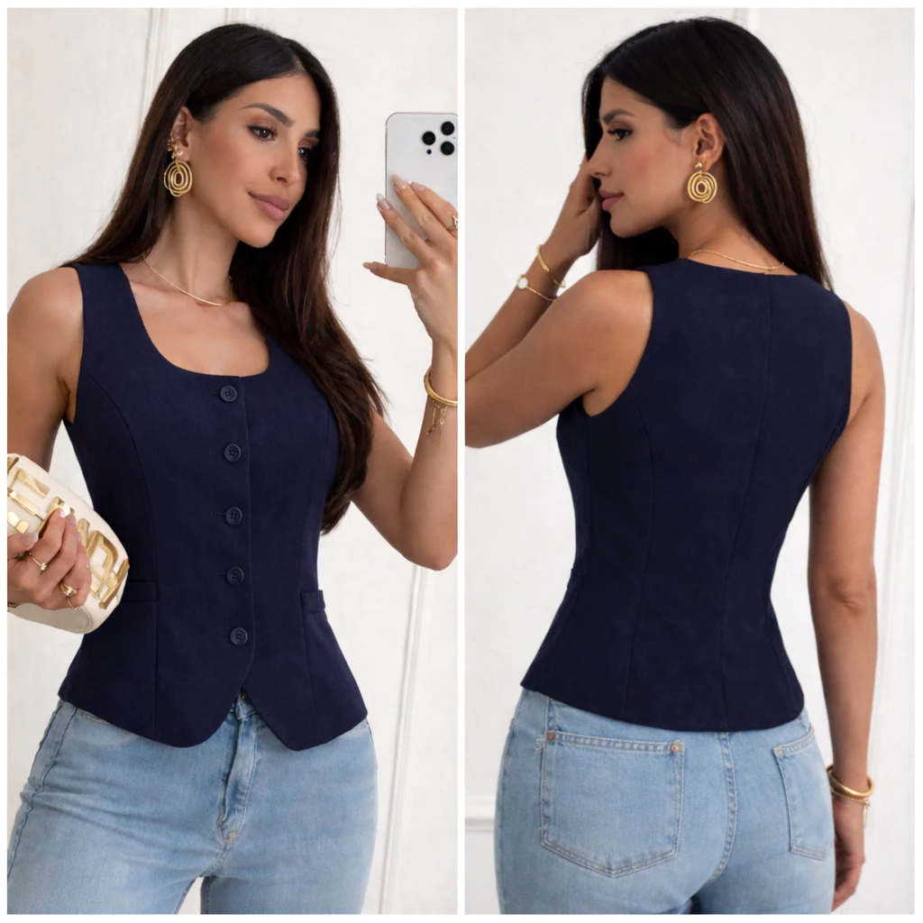 Women's Tailored Vest with Wide Straps and Square Neck with Open Detail – Elegant, Classic Spring/Summer 2026 image 4