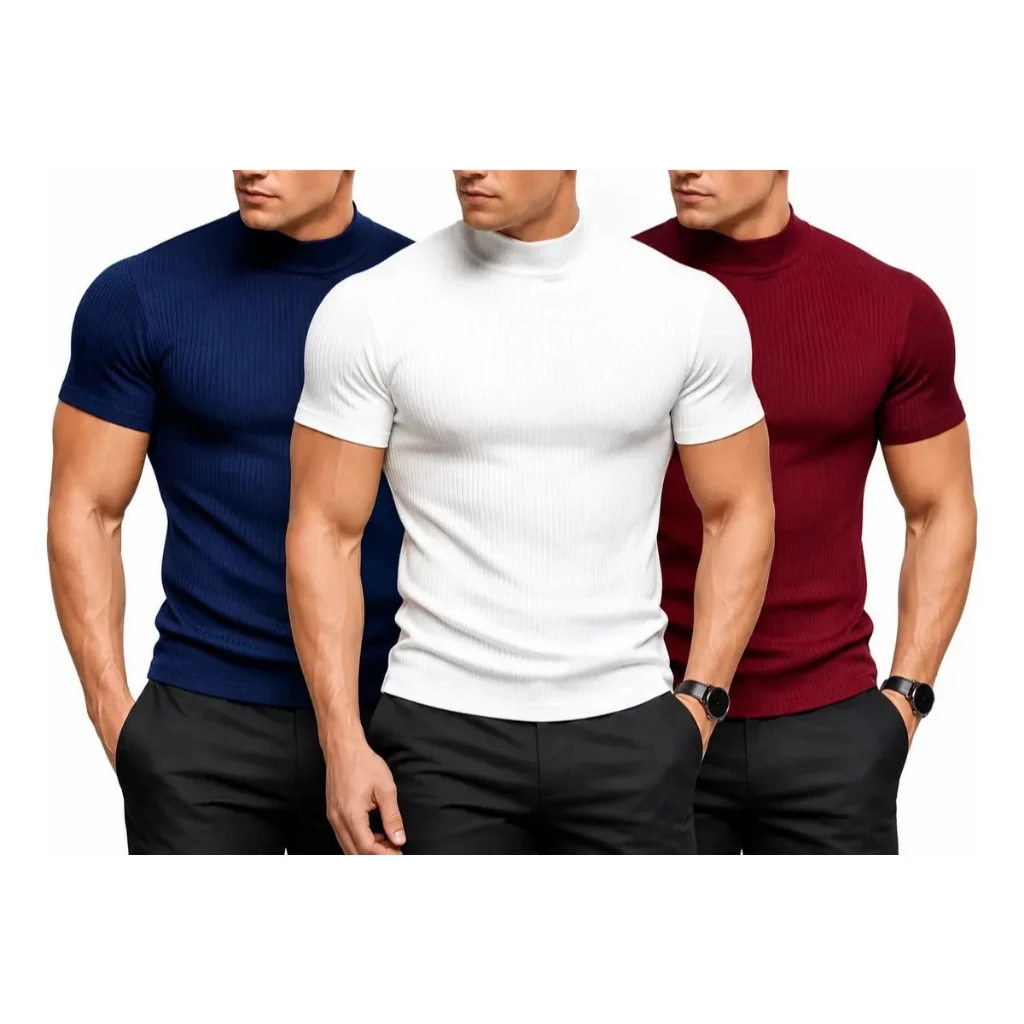 Kit 3 Men's Slim Ribbed T-Shirts, High Neck, Short Sleeve