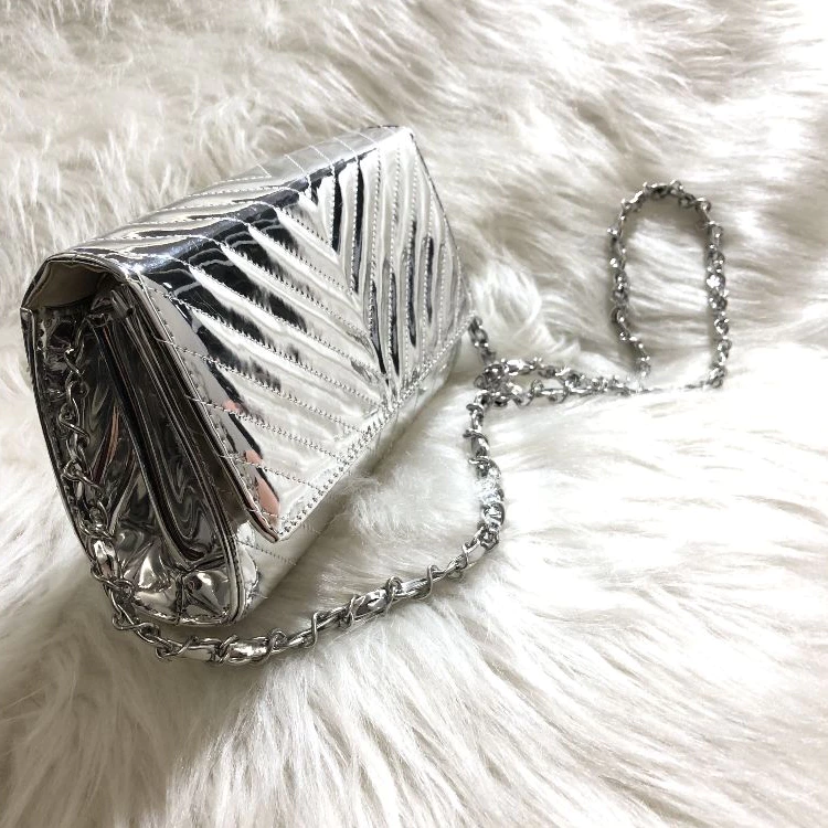 Messenger Bag Shoulder Bag Metallic Mirrored Material Embroidered V With Chain Strap Wrapped image 3