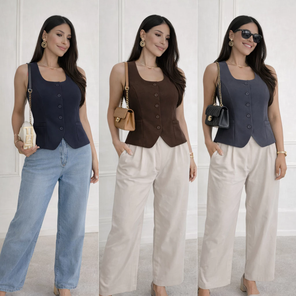 Women's Tailored Vest with Wide Straps and Square Neck with Open Detail – Elegant, Classic Spring/Summer 2026