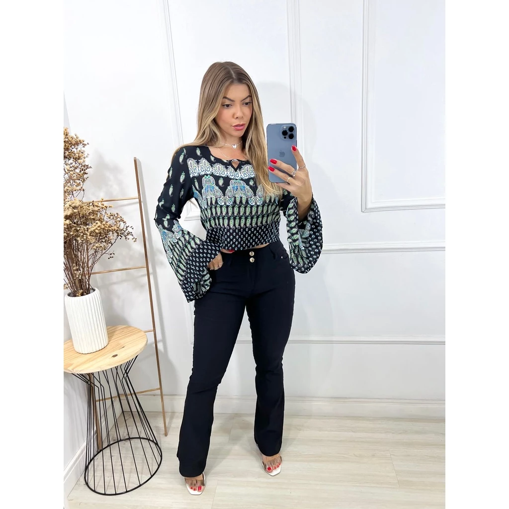Cropped Top with Floral Print, Flirt Sleeves, Crossed Front, Zipper on the Back 3085 SALE