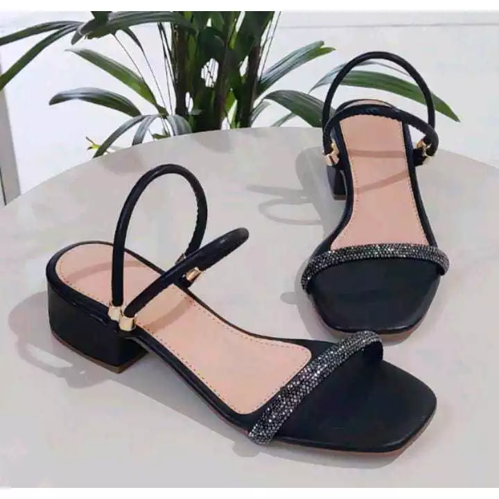 Women's block heel sandal with rhinestone strap, easy to put on