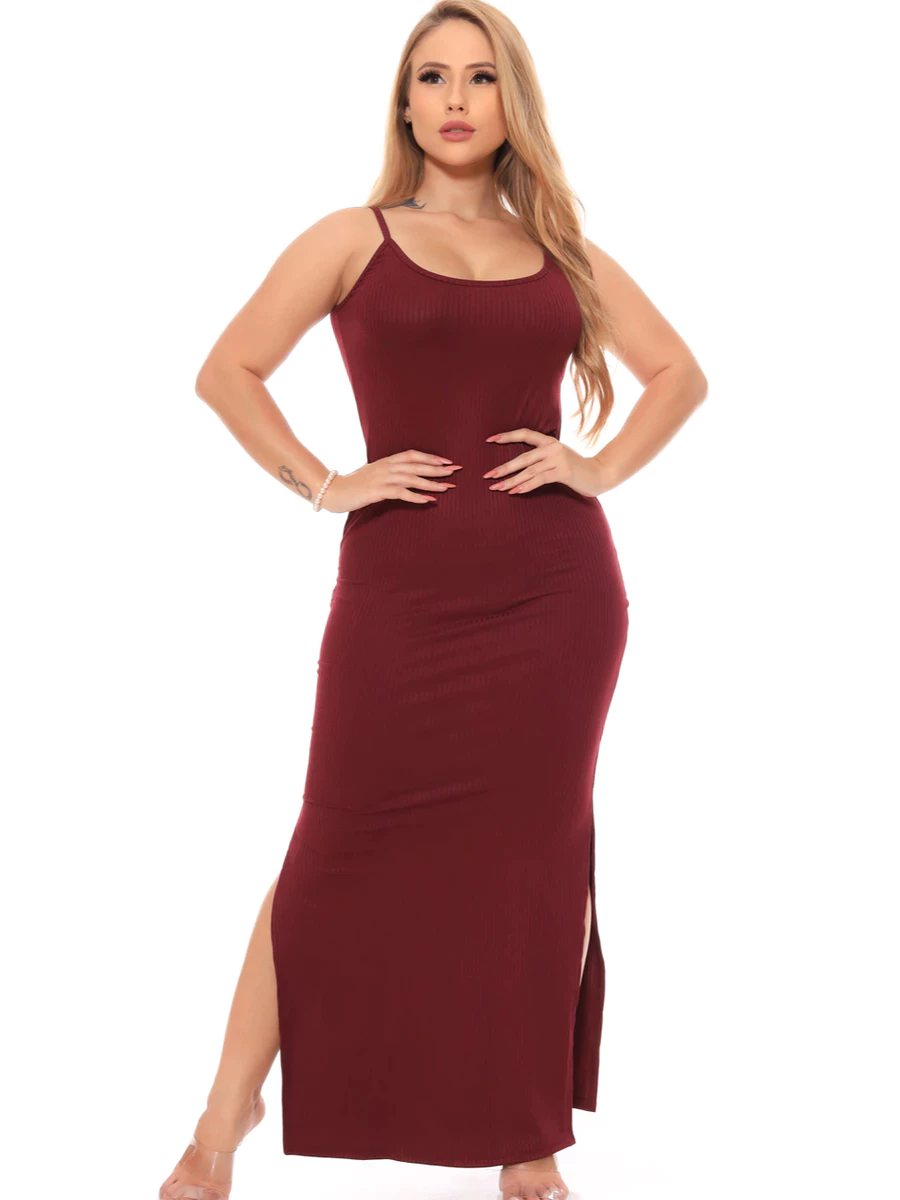 Plain Long Strap Dress Summer Modern Ribbed Side Slit Strap Pregnant Plus Size Curve Pregnant Party image 3