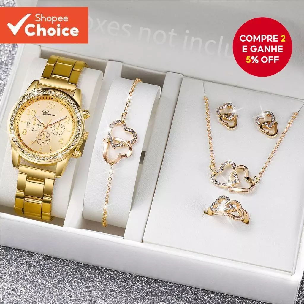 Women's Quartz Watch with Steel Strap, Diamond-Studded Three-Eye Dial Design, Set of
