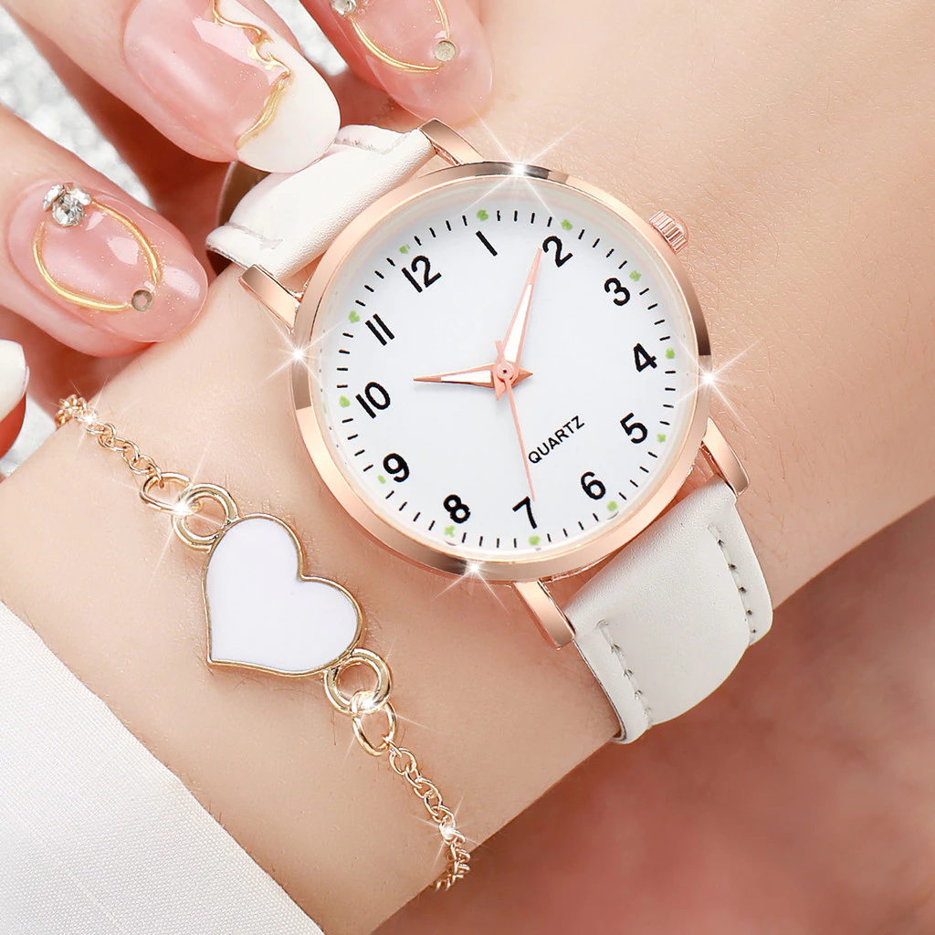 Elegant Women's Watch and Heart Bracelet Set with 2 Pieces - Quartz Arabic Dial Leather image 2