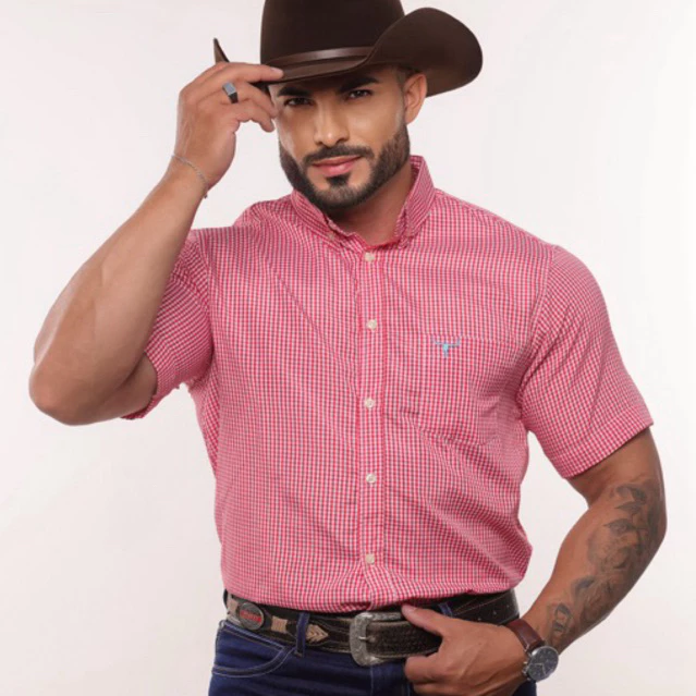 Cowboy Western Premium Comfort Plaid Shirt Short Sleeve Button on American Collar Embroidered Immediate Shipping