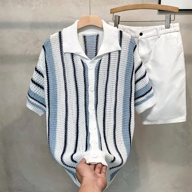Men's American striped loose short-sleeved T-shirt, summer mesh, niche, contrasting color, simple Design