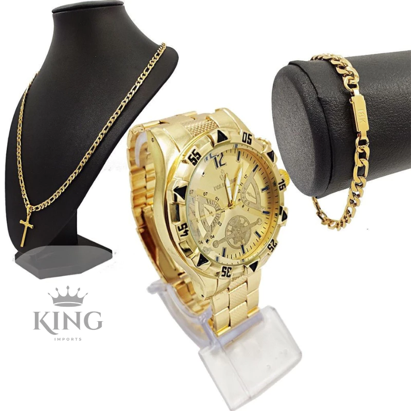 Men's 18k Gold Plated Watch Kit + 18k Gold Plated Steel Chain + Bracelet and Pendant image 2