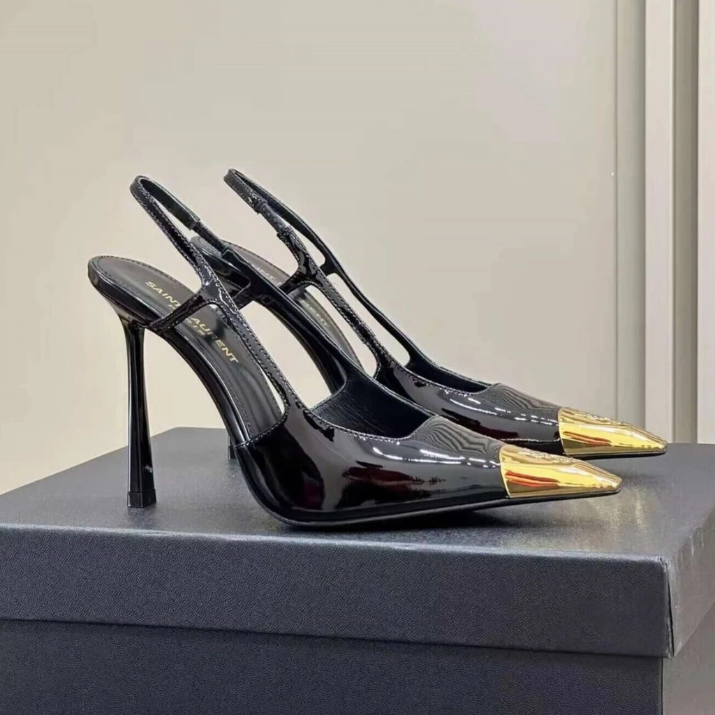2025 Autumn New Style Metal Toe Back Empty Sandals Women Black Single Shoes Stiletto Shallow Mouth Toe-Covered sal image 2