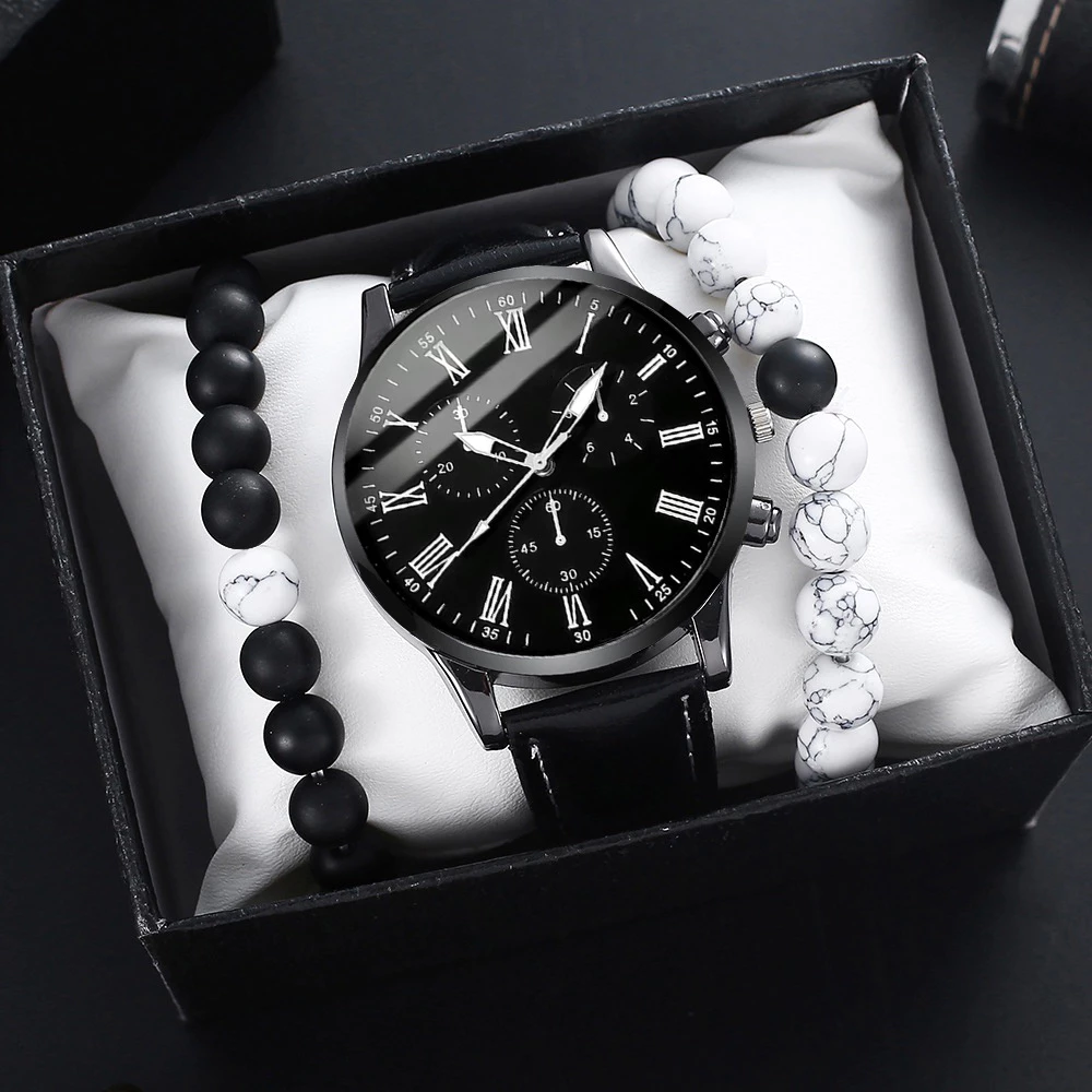 Men's Quartz Watch with Leather Strap Imitation Turquoise Beads Without Box