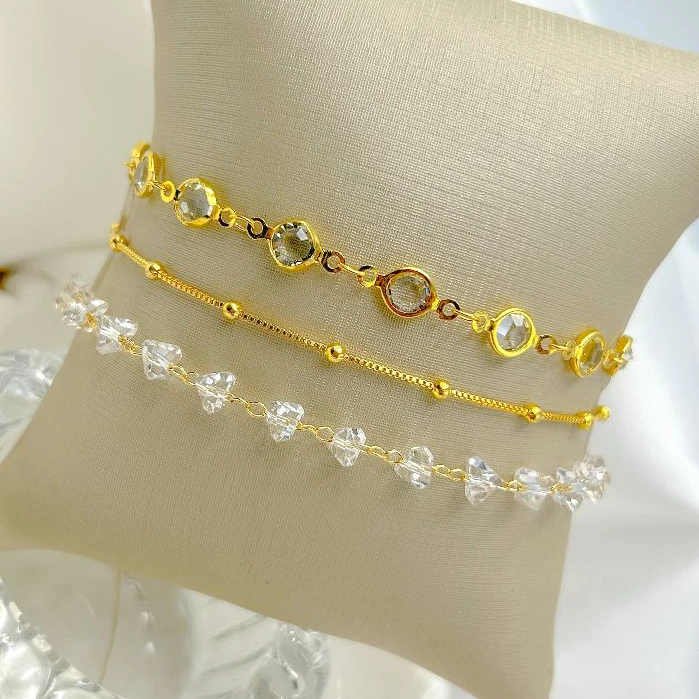 Kit of 3 18k Gold Bracelets, Plated with Balls, Smooth, Women's Bracelet Set with Transparent Stones image 4