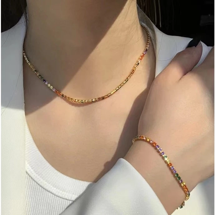 Necklace + bracelet kit with plated rhinestone thread