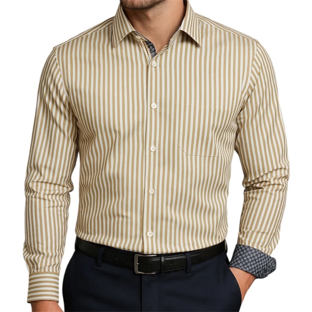 Empório Colombo Men's Slim Striped Khaki Dress Shirt 100% Cotton Various Colors