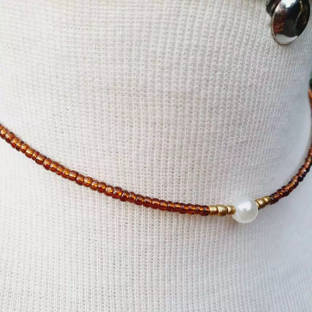 Brown Bead Necklace with Clear Glass and Gold and Pearl Detail - Classic Collection image 3