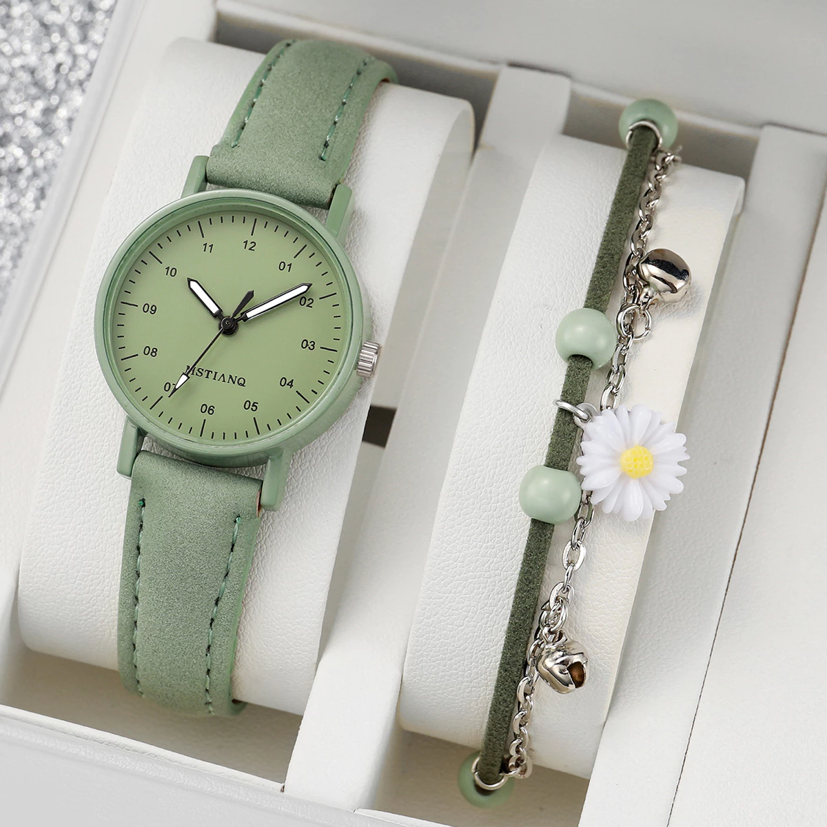 Women's Chic Casual Quartz Mini Digital Dial Leather Daisy Band Charm Bracelet Watch image 4