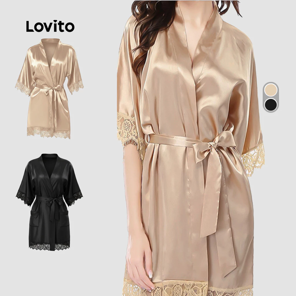 Lovito Casual Robe Satin Ice Silk Fresh Sensual Lace Front Tie Loungewear Women's Embroidery LNE143074