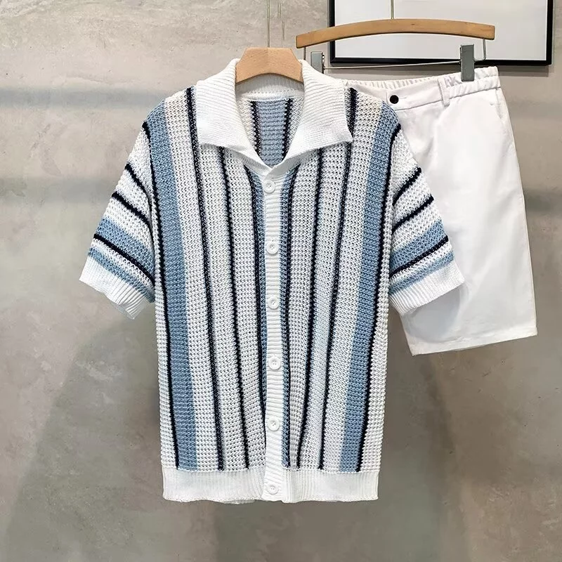 Men's American striped loose short-sleeved T-shirt, summer mesh, niche, contrasting color, simple Design image 3