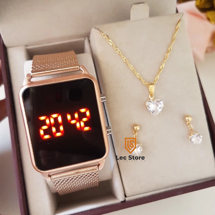 Women's Square Digital Watch + Plated Necklace and Earrings image 3