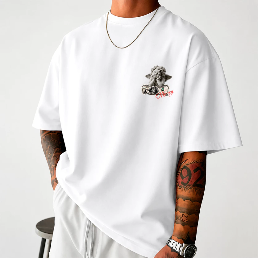 Men's Oversized Cotton T-Shirt 30.1 streetwear Printed Money Angel Baze Style New Release image 2