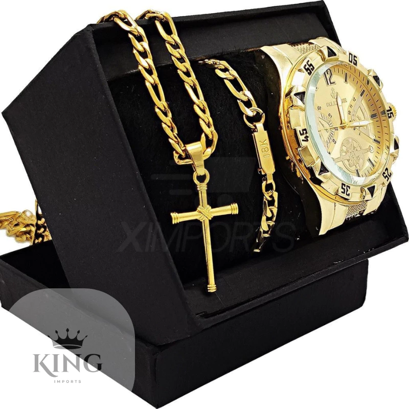 Men's 18k Gold Plated Watch Kit + 18k Gold Plated Steel Chain + Bracelet and Pendant