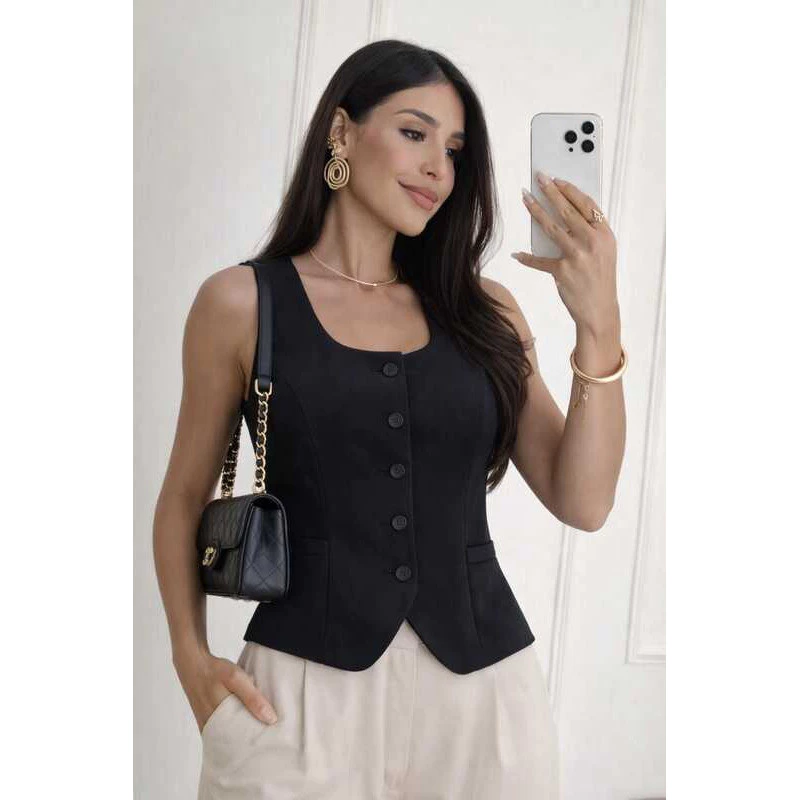 Women's Tailored Vest with Wide Straps and Square Neck with Open Detail – Elegant, Classic Spring/Summer 2026 image 3