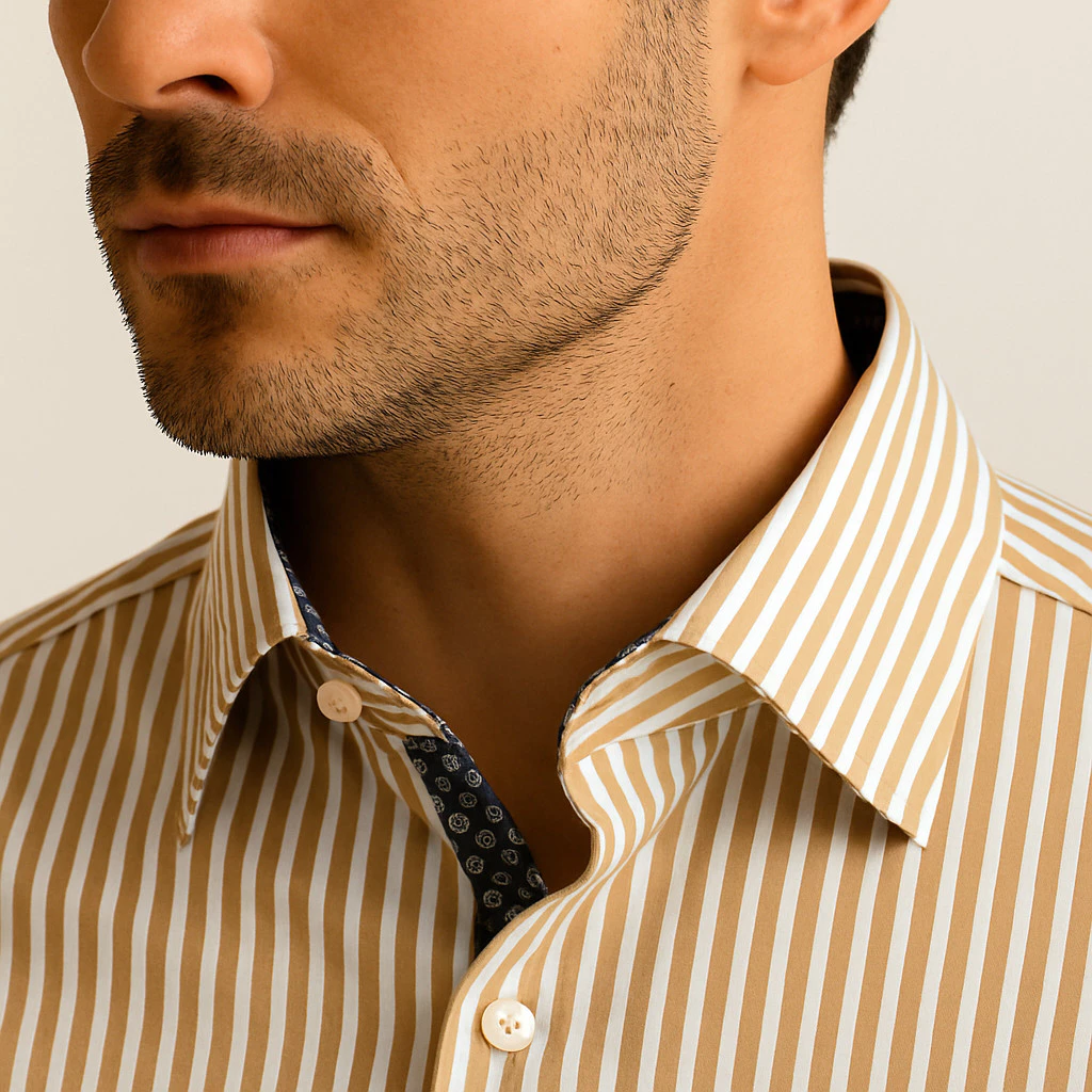 Empório Colombo Men's Slim Striped Khaki Dress Shirt 100% Cotton Various Colors image 2