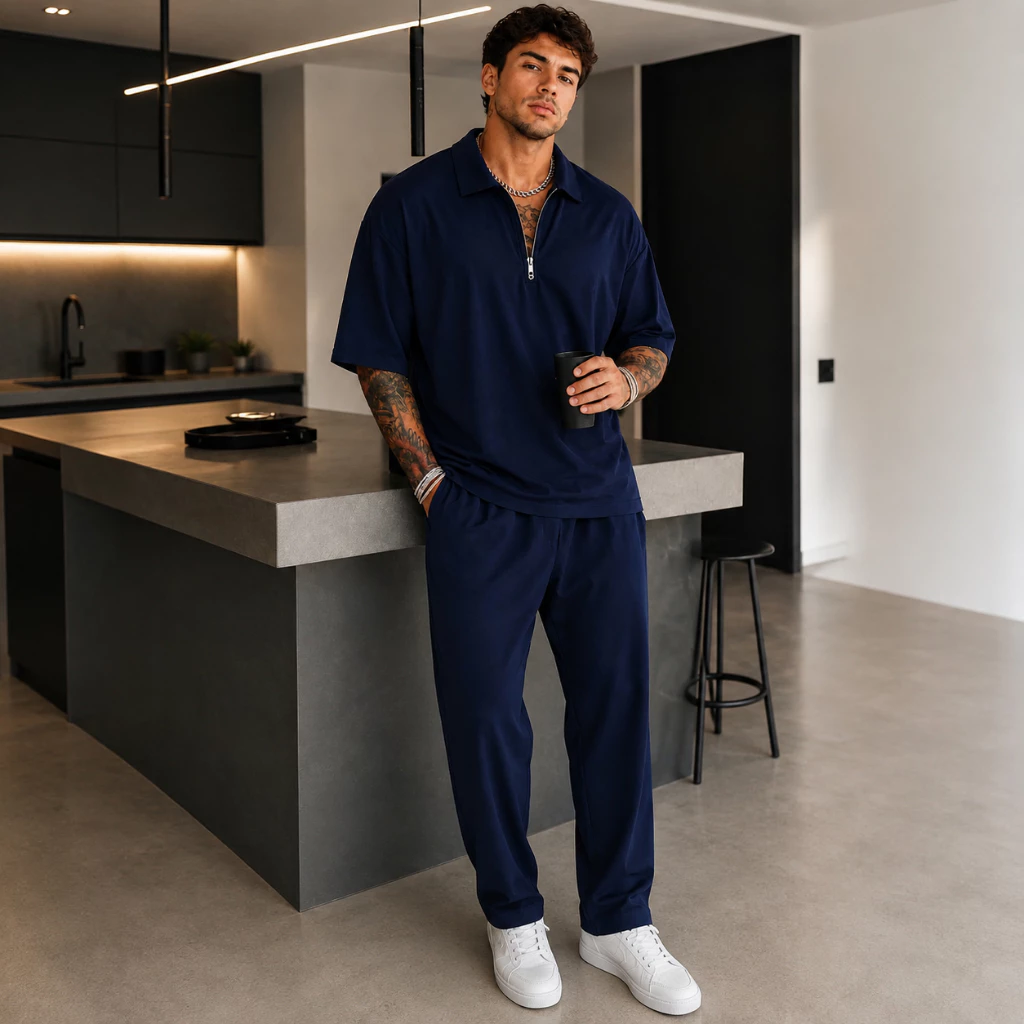 Men's Oversized Premium Half Zip Polo Shirt, Wide Fit, Comfort and Style