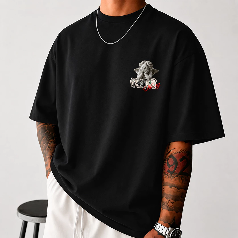 Men's Oversized Cotton T-Shirt 30.1 streetwear Printed Money Angel Baze Style New Release