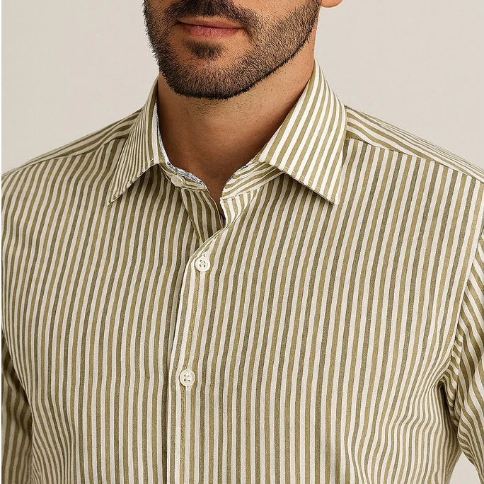 Empório Colombo Men's Slim Striped Khaki Dress Shirt 100% Cotton Various Colors image 4