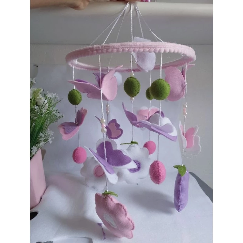 Handmade Baby Crib Mobile in Felt with Butterflies, Flowers, and Enchanted Garden Design