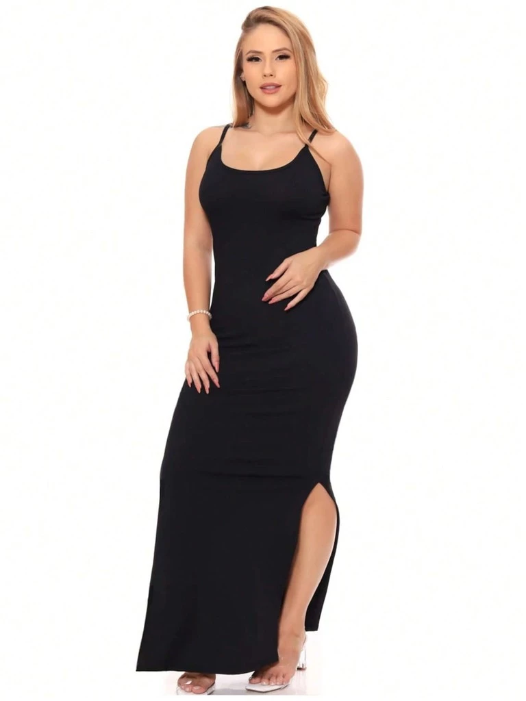 Plain Long Strap Dress Summer Modern Ribbed Side Slit Strap Pregnant Plus Size Curve Pregnant Party image 4
