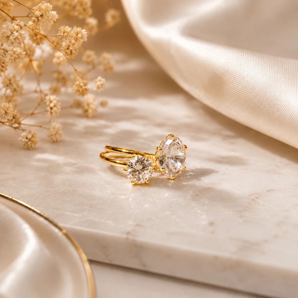 Virginia Kit 2 Adjustable Women's Rings with Zirconia Gold Plated, Luxury Shine image 2
