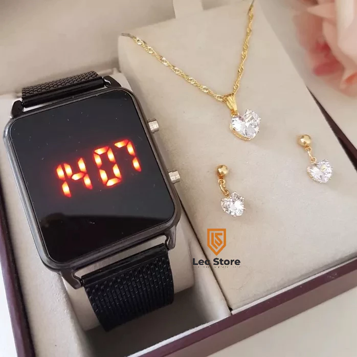 Women's Square Digital Watch + Plated Necklace and Earrings