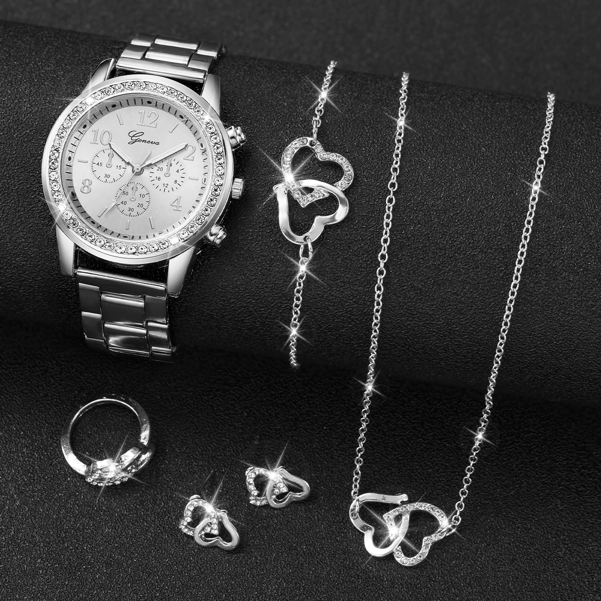 Women's Quartz Watch with Steel Strap, Diamond-Studded Three-Eye Dial Design, Set of image 3