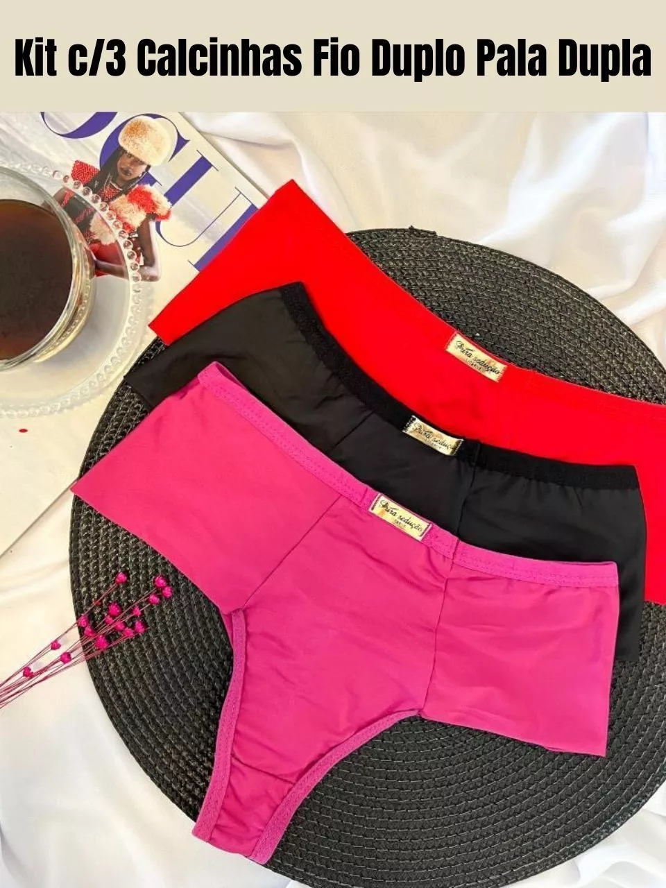Kit with 3 Double String Panties, Double Flap, Comfort, High Waist, Reinforced, Wholesale