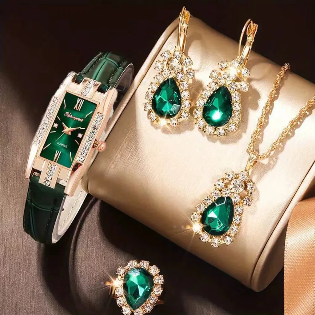 Fashion Rhinestone Rectangle Women Quartz Watch Wristwatches with Leather Band