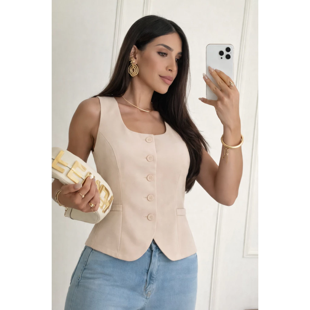 Women's Tailored Vest with Wide Straps and Square Neck with Open Detail – Elegant, Classic Spring/Summer 2026 image 2