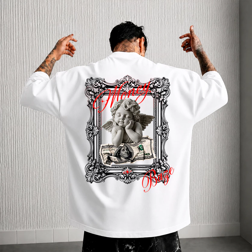 Men's Oversized Cotton T-Shirt 30.1 streetwear Printed Money Angel Baze Style New Release image 3