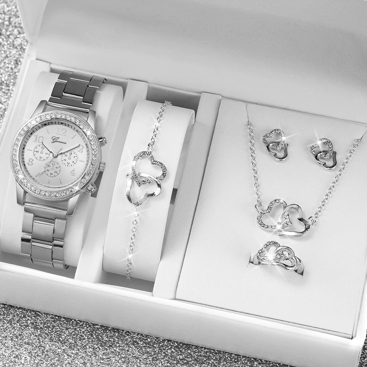 Women's Quartz Watch with Steel Strap, Diamond-Studded Three-Eye Dial Design, Set of image 2