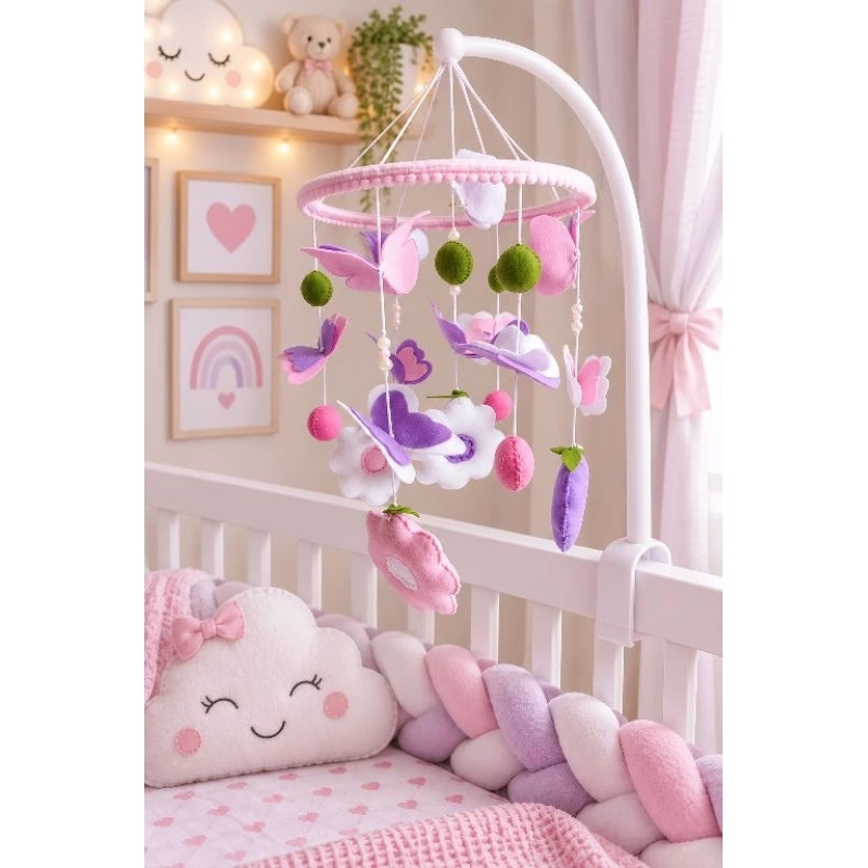 Handmade Baby Crib Mobile in Felt with Butterflies, Flowers, and Enchanted Garden Design image 4