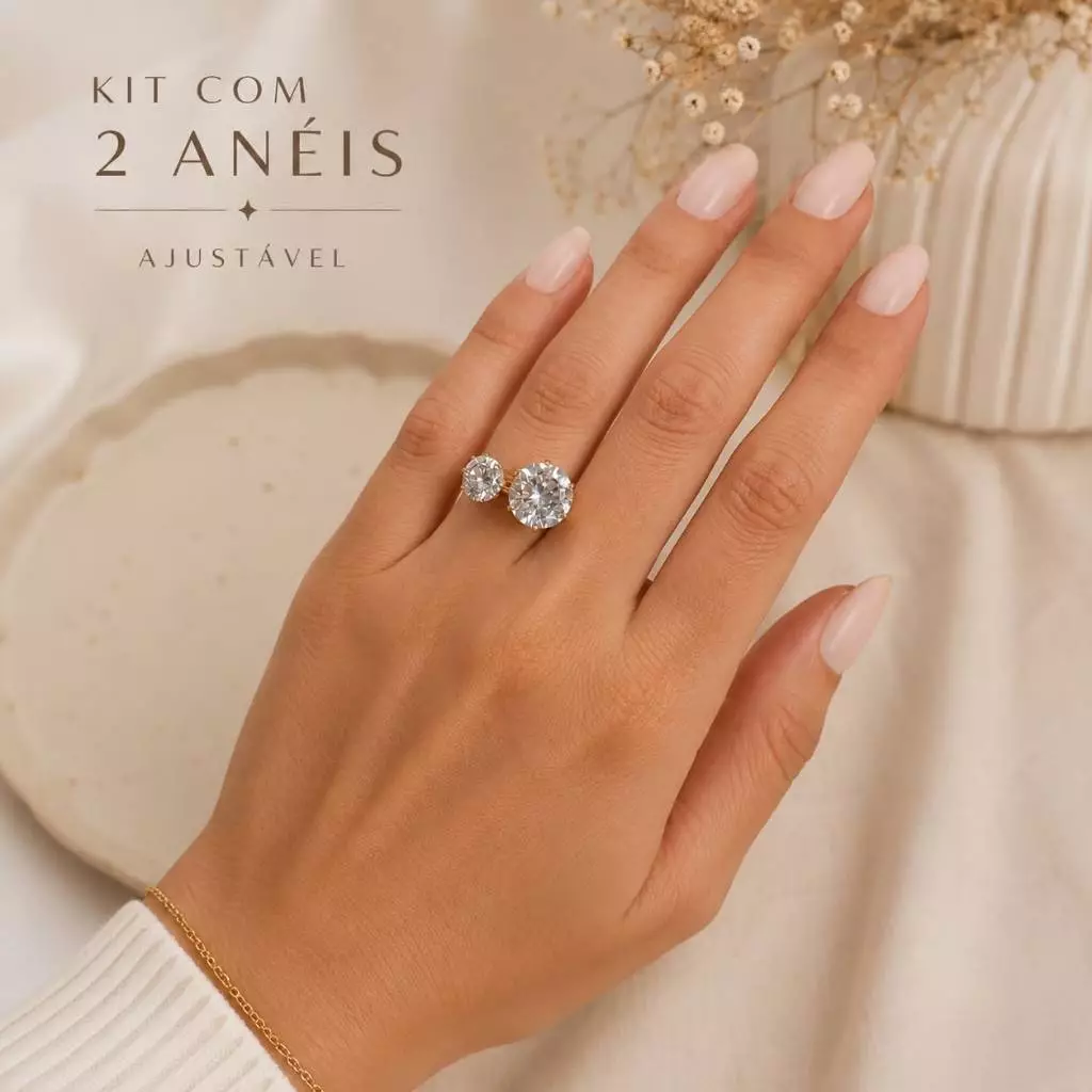 Virginia Kit 2 Adjustable Women's Rings with Zirconia Gold Plated, Luxury Shine