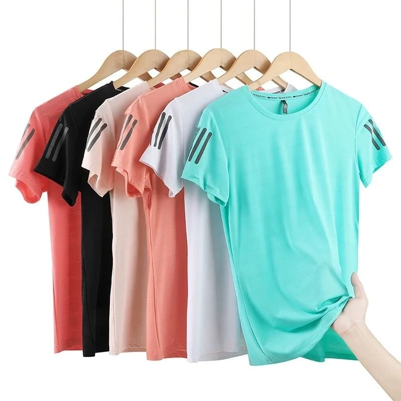 KIT 1-3 Women's Summer Exercise Basic Short Sleeve T-Shirt Fresh Reflective Stripes Ice Silk