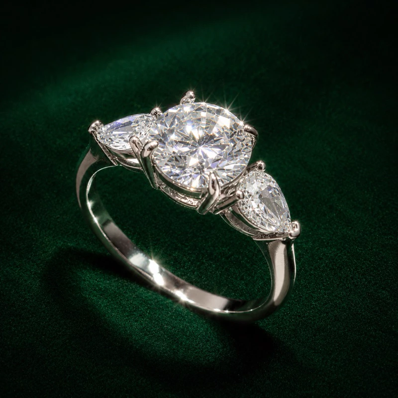 8mm Moissanite Ring with Side Drops in 925 Silver, Luxurious and Sophisticated