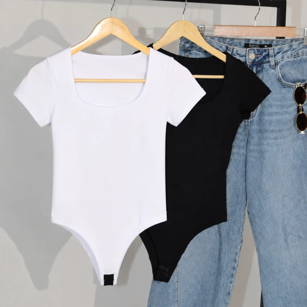 Kit 2 Women's Bodysuit Square Neckline Short Sleeves Suplex Summer