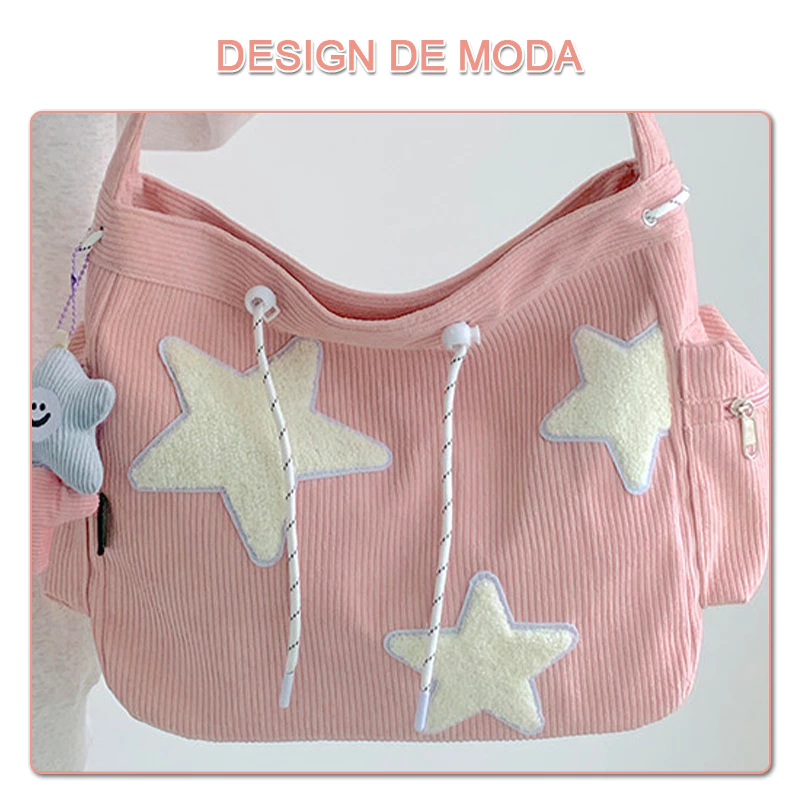Large Tote Bag with Star, Velvet Drawstring Shoulder Bag, Cute Canvas Tote Bag, Casual Fashion Style