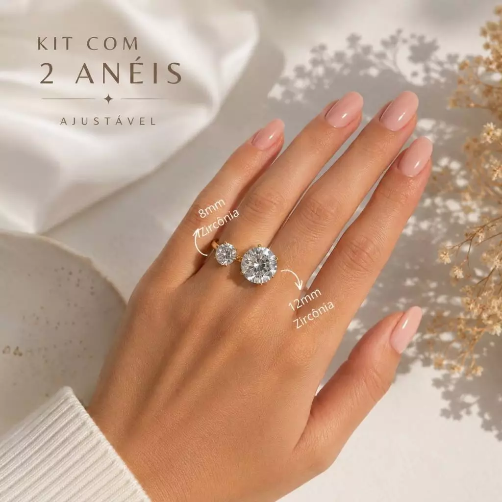 Virginia Kit 2 Adjustable Women's Rings with Zirconia Gold Plated, Luxury Shine image 3